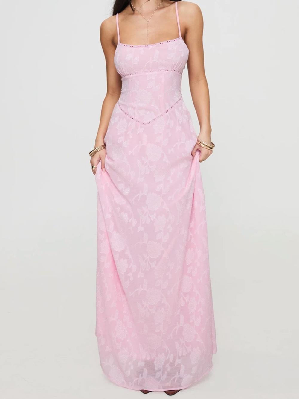 Pink Floral Lace Maxi Dress with Spaghetti Straps